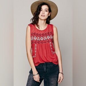 Women’s Free People Reckless Abandon Embroidered Red Sleeveless Top size Small